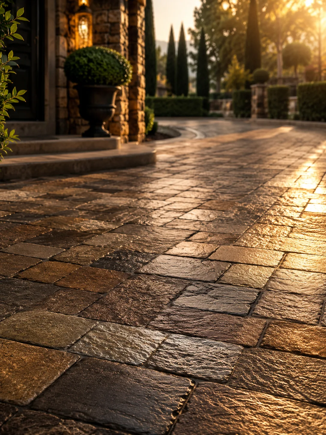 Sealed paver driveway glowing in golden-hour light