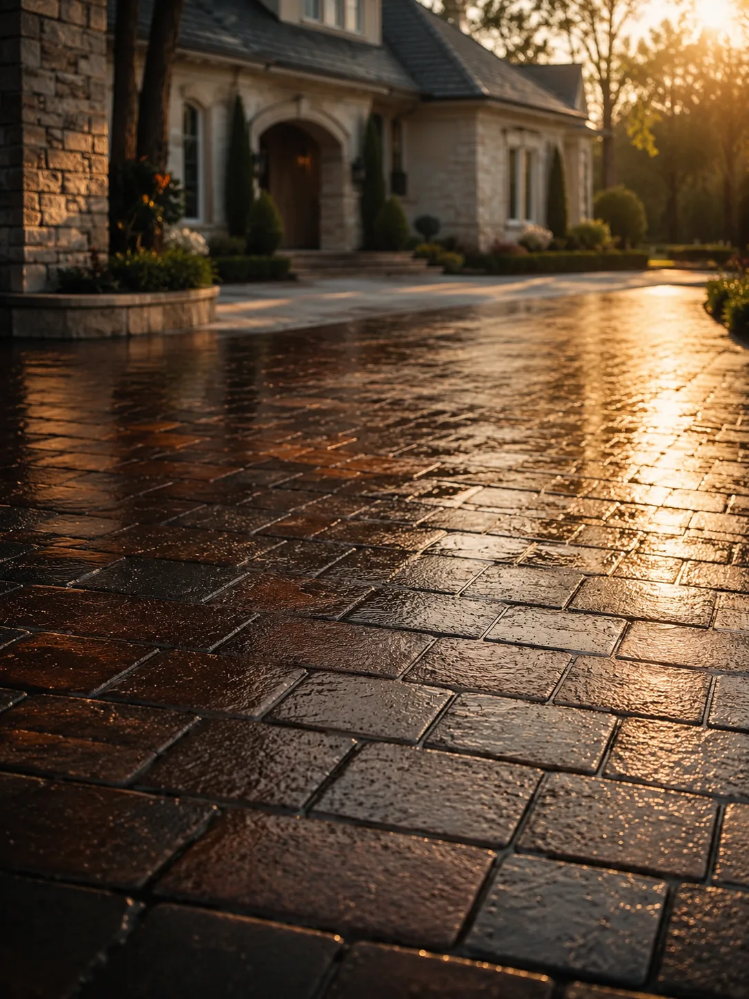 Wet-look sealed paver driveway with warm golden reflections