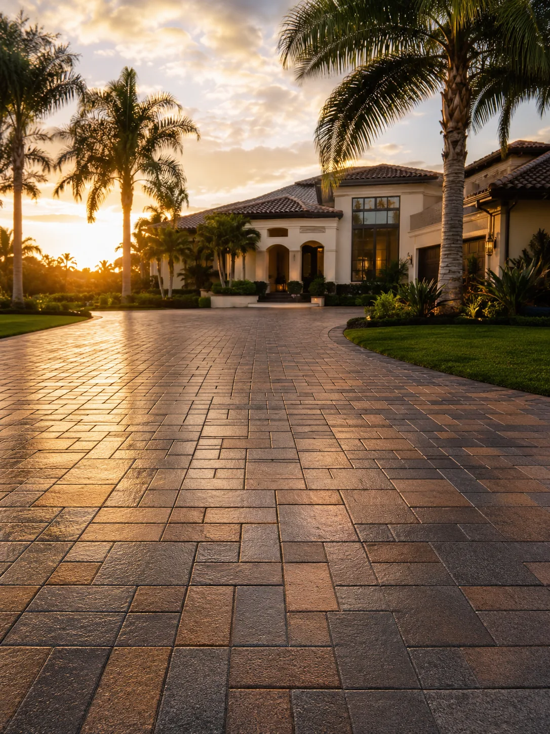 Sealed stone courtyard with a rich wet-look finish at sunset