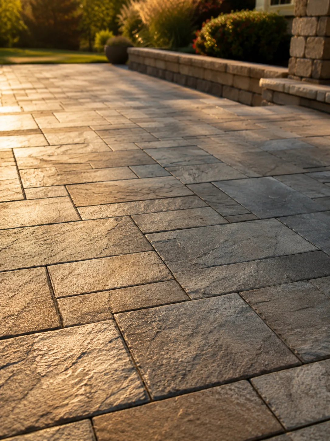 Sunlit sealed stone walkway beside a garden