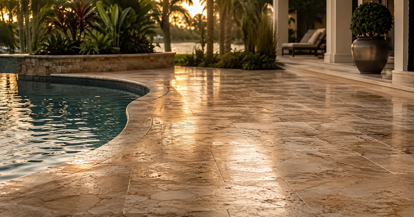 Sealed travertine pool deck with wet-look finish