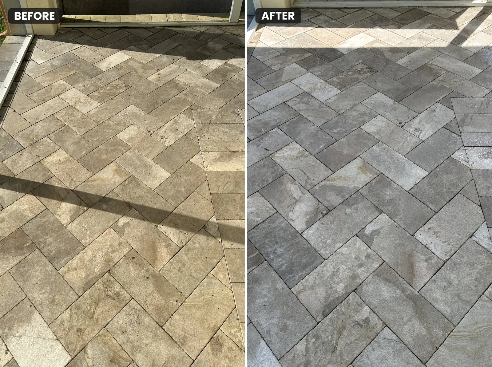 Herringbone travertine lanai in Odessa before and after cleaning and sealing.