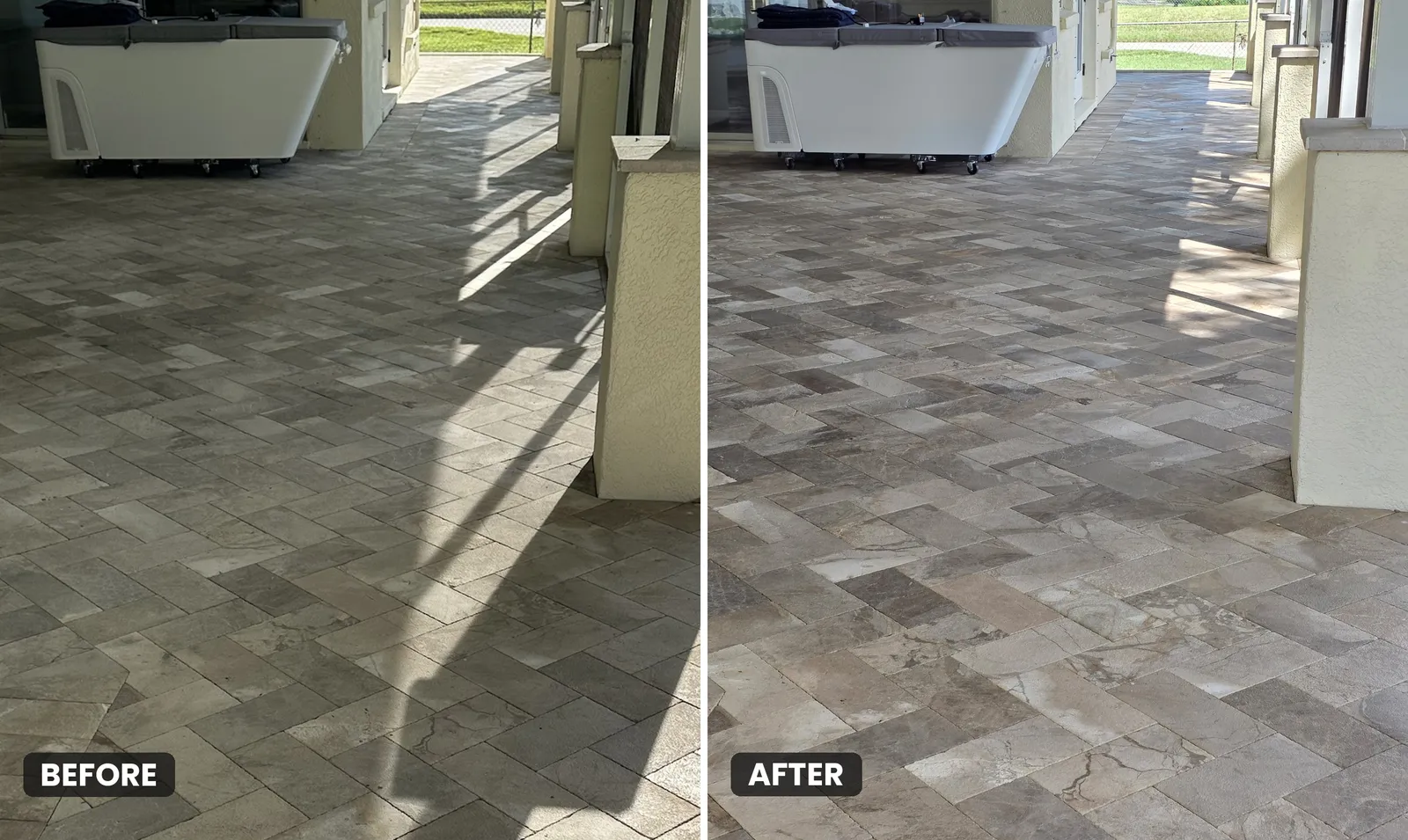 Covered travertine lanai in Odessa before and after cleaning and sealing.