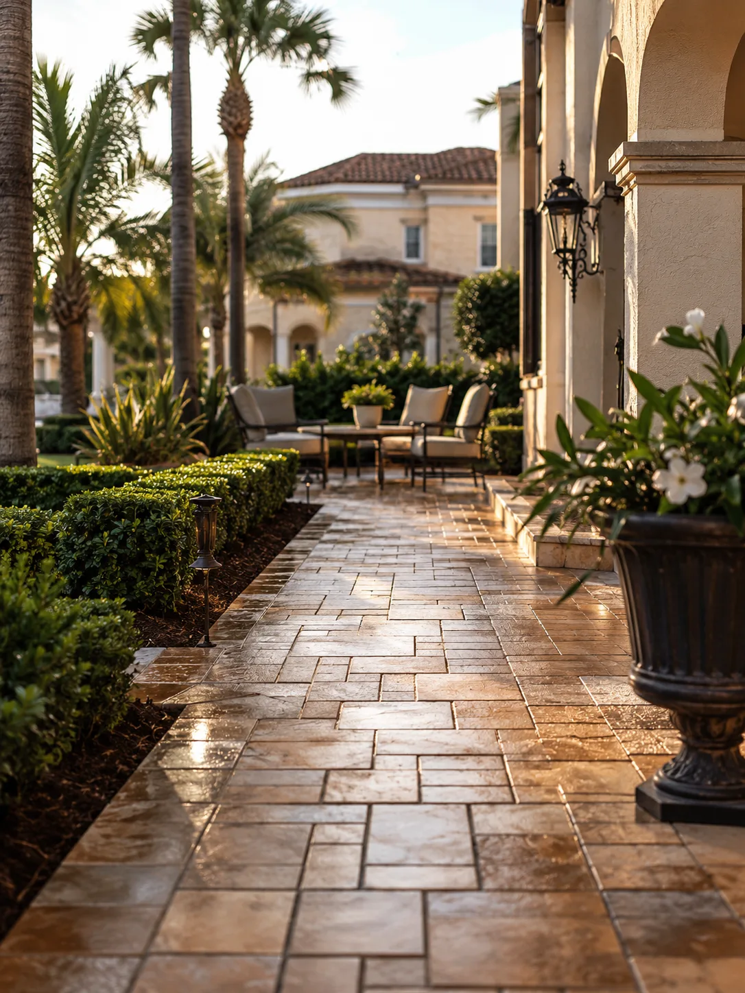 Sealed Mediterranean-style paver courtyard in warm sunset light