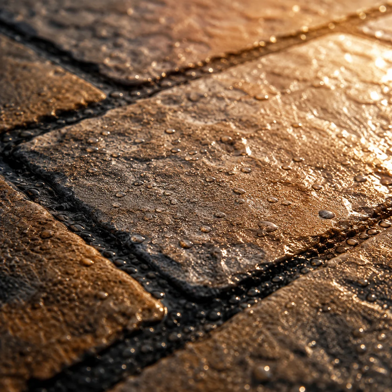 Close-up of wet-look sealed stone texture in golden light